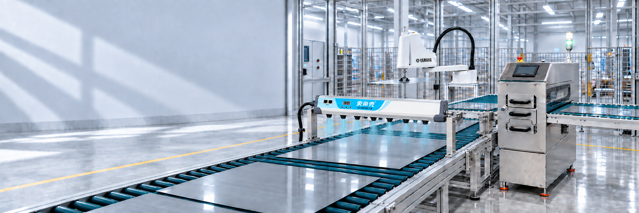 Wide optical-film cleaning scene with a complete ST-G ionizing bar, gray polarizer sheets, contact cleaning machine and Yamaha SCARA robot