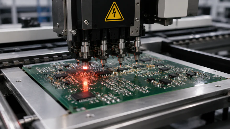 Electronic components being assembled on a PCB production line