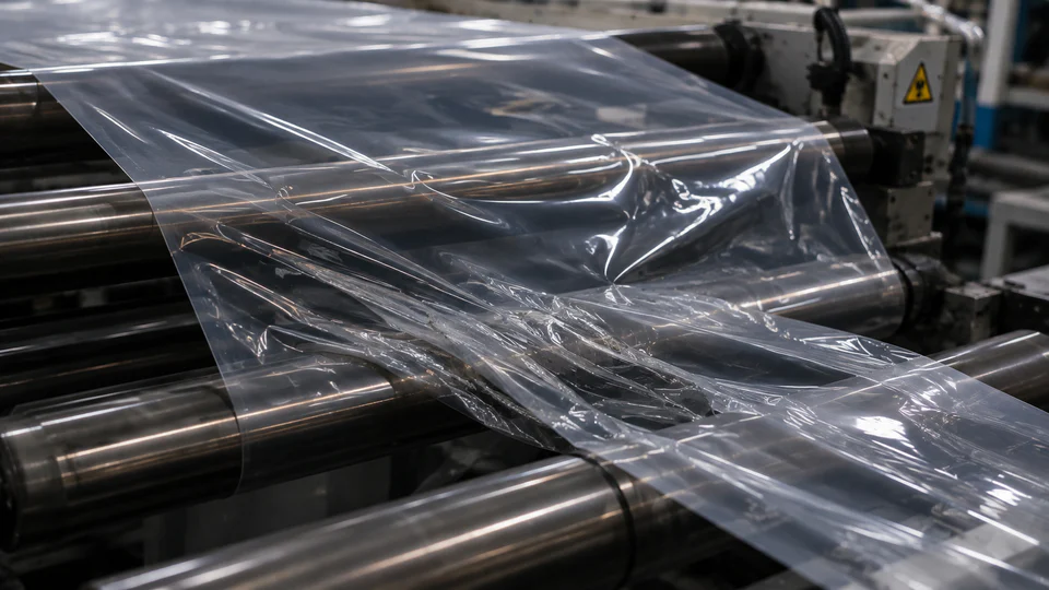 Plastic film sticking and wrinkling around production rollers