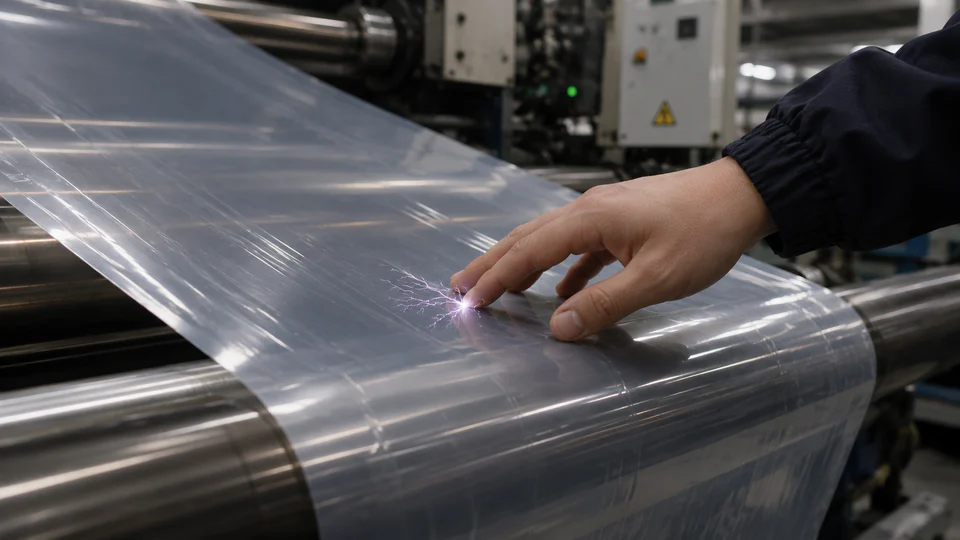 Operator receiving a static discharge from plastic film
