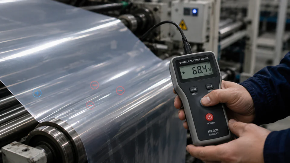 Surface voltage meter measuring static charge on moving film