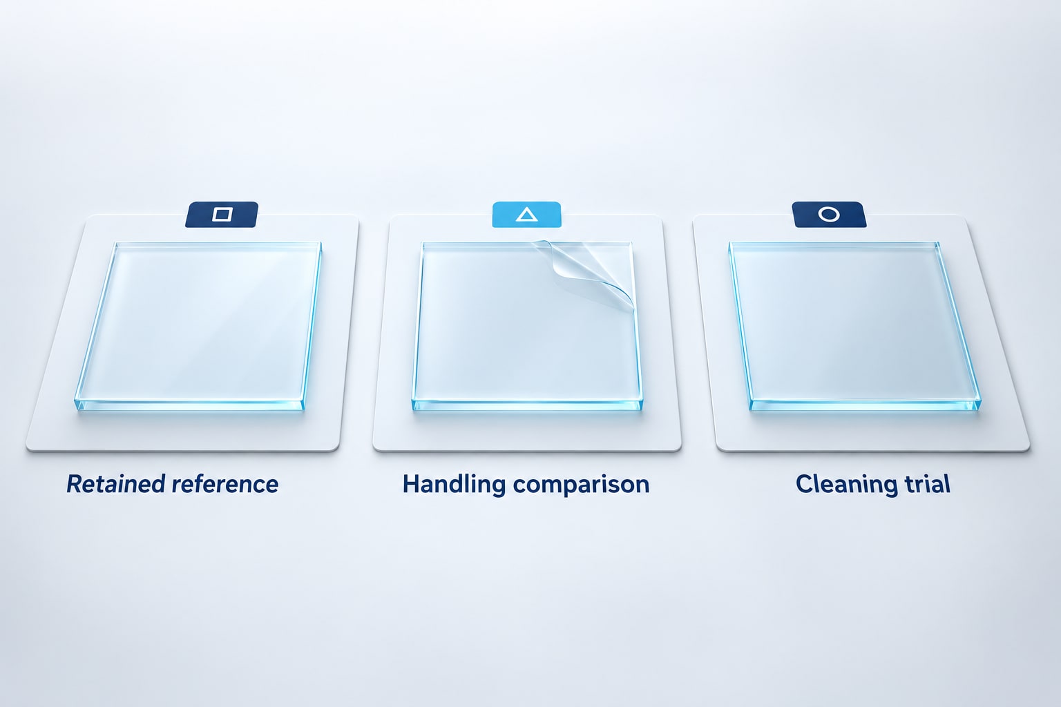 Conceptual optical film sample groups: retained reference, handling comparison and cleaning trial