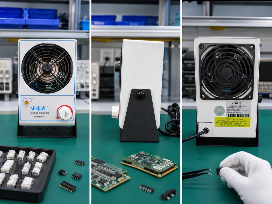 史帝克台式离子风机：紧凑型静电消除设备，适用于电子装配工作台，三视图展示