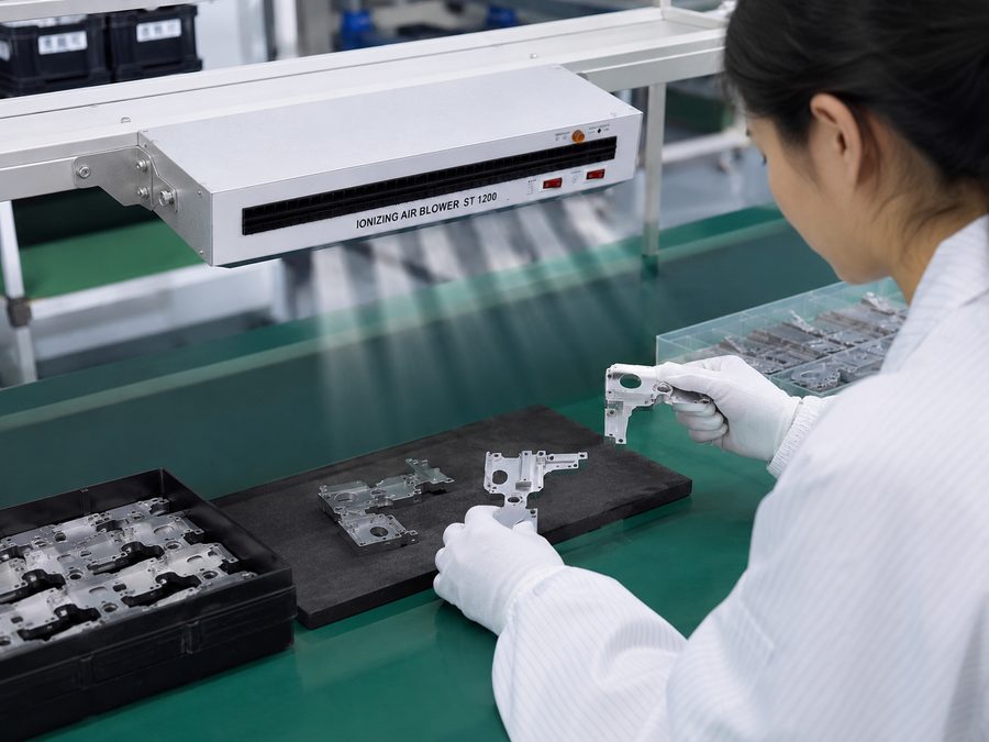 工人在ESD安全工作台操作，头顶安装DGSDK ST-1200离子风机，防止静电积累