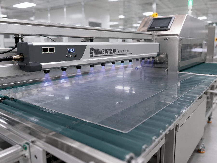DGSDK ST-E智能离子棒安装在洁净室传送带上方，中和玻璃面板静电荷，蓝色电晕放电清晰可见