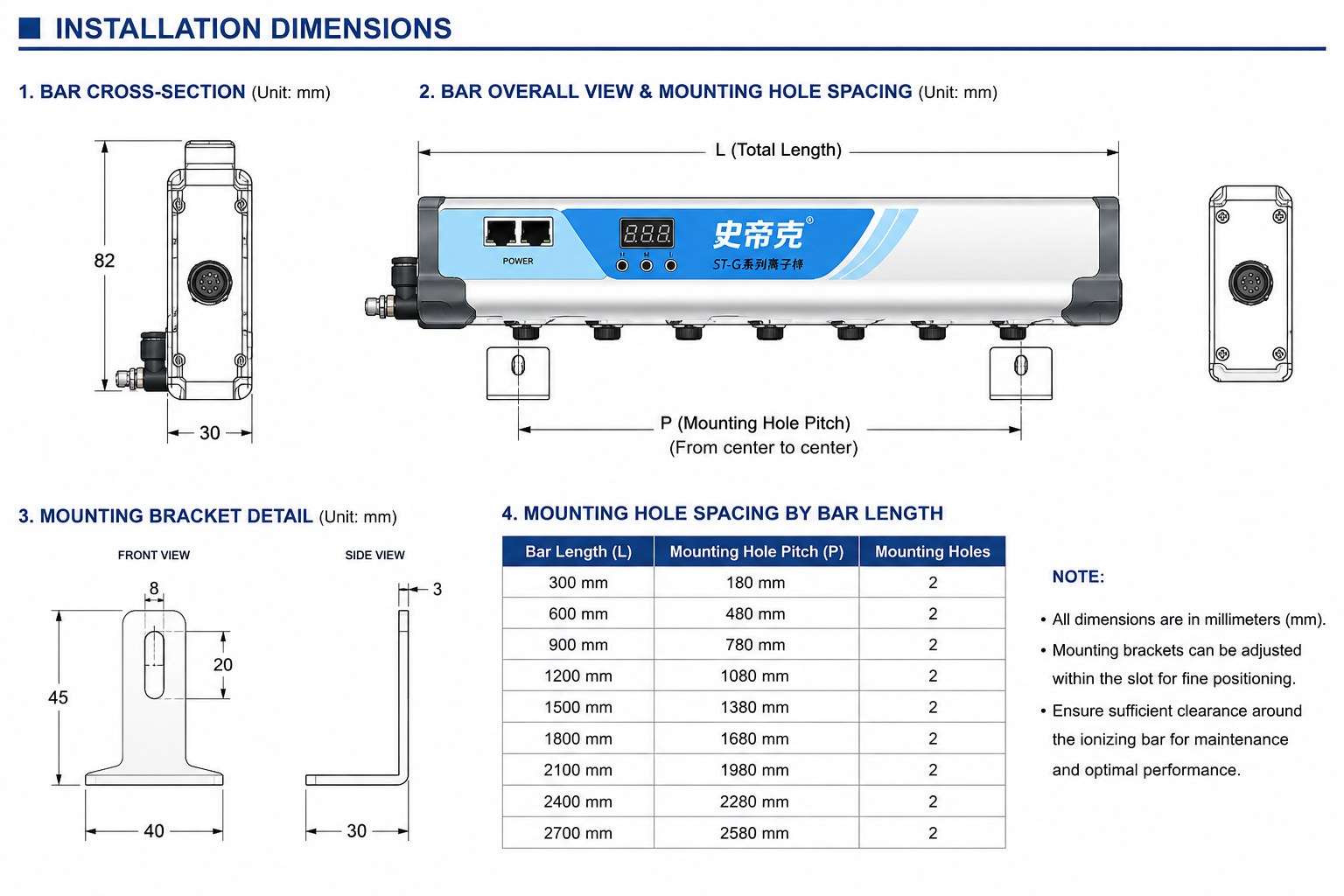 ST-G ionizing bar installation dimensions: 82 by 30 mm cross-section, overall view with mounting hole pitch, and mounting bracket detail measuring 45 by 40 by 30 mm with an 8 by 20 mm adjustment slot