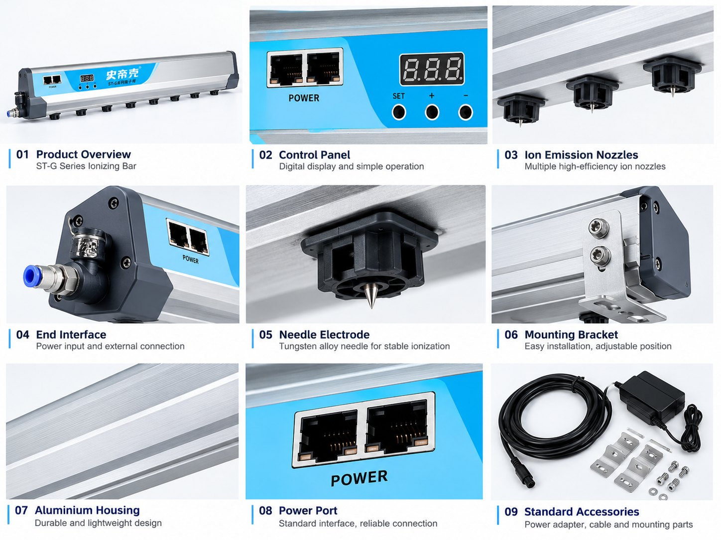 ST-G ionizing bar details: control panel with digital display, ion emission nozzles, end interface with power input and air connection, tungsten alloy needle electrode, adjustable mounting bracket, aluminium housing, power port and standard accessories