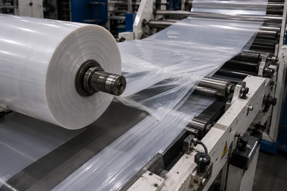 Plastic film clinging and folding at the unwind rollers