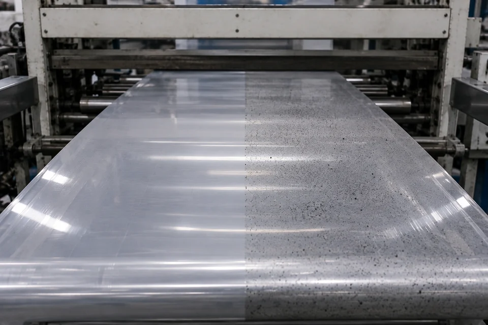 Film web showing a clean side and a dust-covered side after uneven static neutralization
